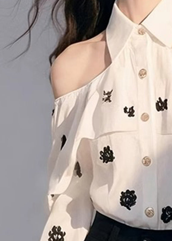 Classy White Peter Pan Collar Print Cold Shoulder Shirt Lantern Sleeve