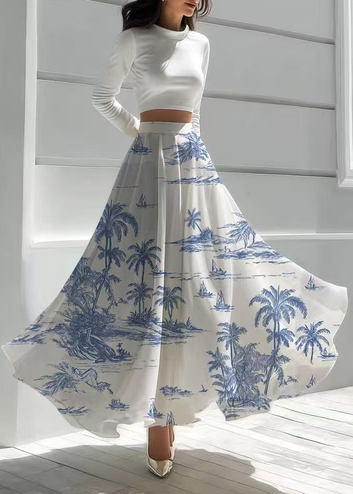 Classy White Print Draping Chiffon Holiday Skirts Summer