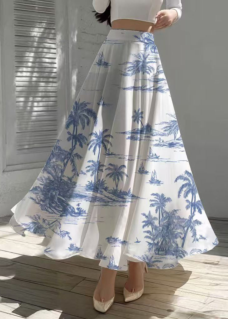 Classy White Print Draping Chiffon Holiday Skirts Summer