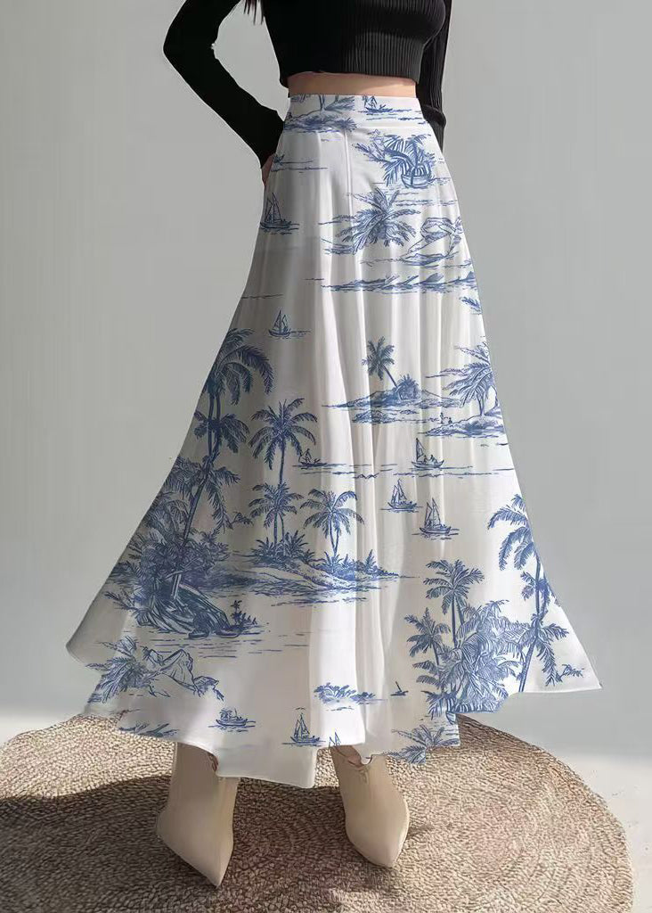 Classy White Print Draping Chiffon Holiday Skirts Summer