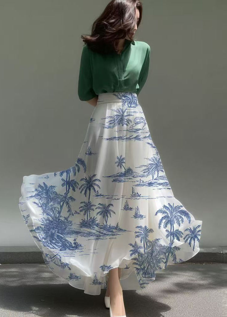 Classy White Print Draping Chiffon Holiday Skirts Summer