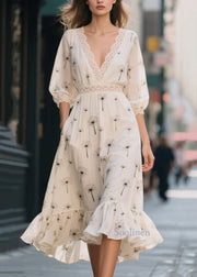 Classy White Print Lace Patchwork Chiffon Dress Summer
