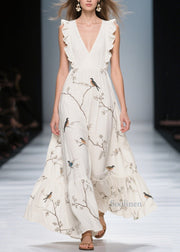 Classy White Ruffled Print Cotton Holiday Dress Summer