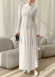 Classy White Stand Collar Wrinkled Lace Long Dresses Fall