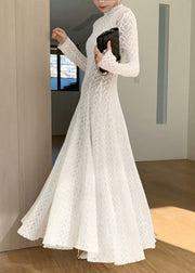 Classy White Stand Collar Wrinkled Lace Long Dresses Fall