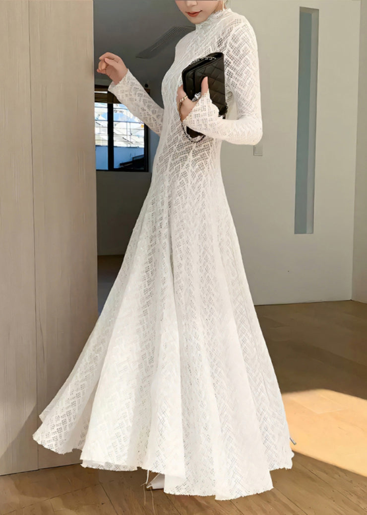 Classy White Stand Collar Wrinkled Lace Long Dresses Fall