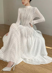 Classy White Stand Collar Wrinkled Lace Long Dresses Fall