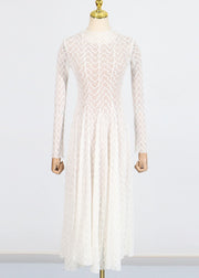 Classy White Stand Collar Wrinkled Lace Long Dresses Fall
