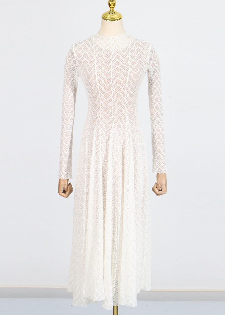 Classy White Stand Collar Wrinkled Lace Long Dresses Fall