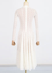 Classy White Stand Collar Wrinkled Lace Long Dresses Fall