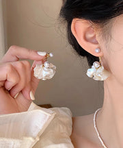 Classy White Sterling Silver Overgild Pearl Floral Drop Earrings