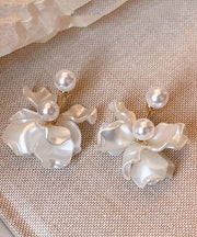 Classy White Sterling Silver Overgild Pearl Floral Drop Earrings