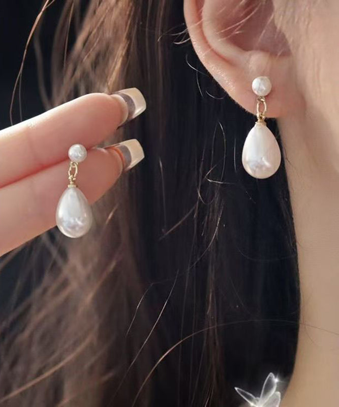 Classy White Sterling Silver Pearl Water Drop Drop Earrings