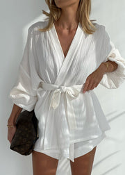 Classy White Tie Waist Cotton 2 Piece Outfit Lantern Sleeve