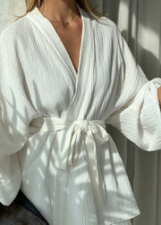 Classy White Tie Waist Cotton 2 Piece Outfit Lantern Sleeve