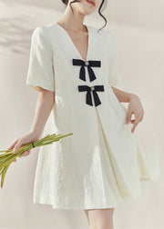 Classy White V Neck Bow Mid Dresses Short Sleeve
