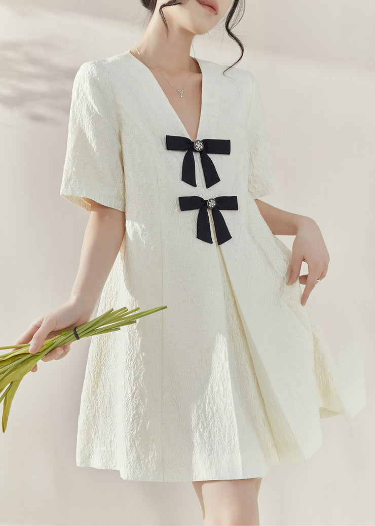 Classy White V Neck Bow Mid Dresses Short Sleeve