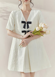 Classy White V Neck Bow Mid Dresses Short Sleeve