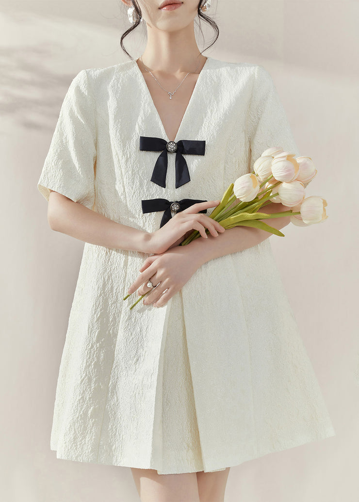 Classy White V Neck Bow Mid Dresses Short Sleeve