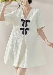 Classy White V Neck Bow Mid Dresses Short Sleeve
