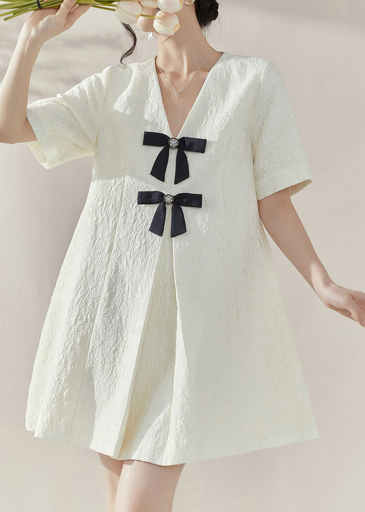 Classy White V Neck Bow Mid Dresses Short Sleeve