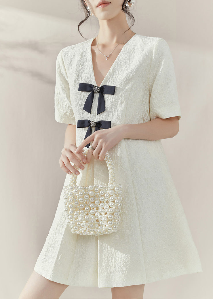 Classy White V Neck Bow Mid Dresses Short Sleeve