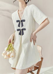 Classy White V Neck Bow Mid Dresses Short Sleeve