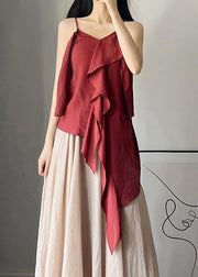 Classy Wine Red Asymmetrical Solid Cotton Spaghetti Strap Tank Sleeveless