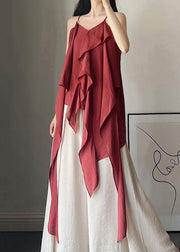 Classy Wine Red Asymmetrical Solid Cotton Spaghetti Strap Tank Sleeveless