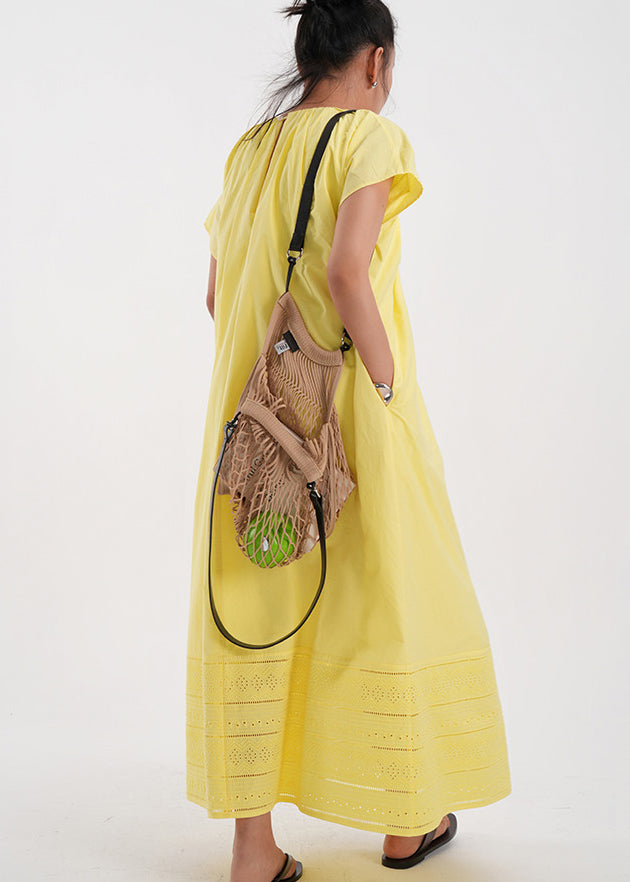 Classy Yellow Embroidered Hollow Out Cotton Holiday Dress Summer