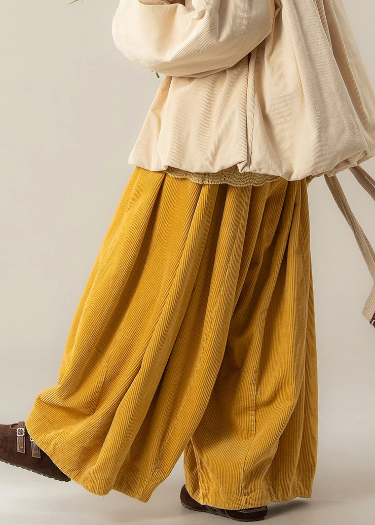 Classy Yellow High Waist Solid Corduroy Wide Leg Pants
