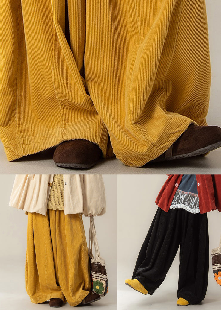 Classy Yellow High Waist Solid Corduroy Wide Leg Pants