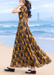 Classy Yellow V Neck Print Wrinkled Chiffon Dress Summer