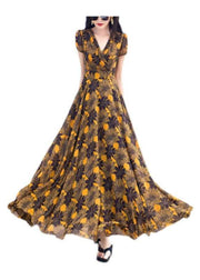 Classy Yellow V Neck Print Wrinkled Chiffon Dress Summer