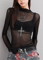Club Black Hign Neck Slim Fit Tulle Two Pieces Set Fall