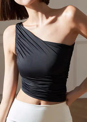 Club Black One Shoulder Solid Yoga Tank Tops