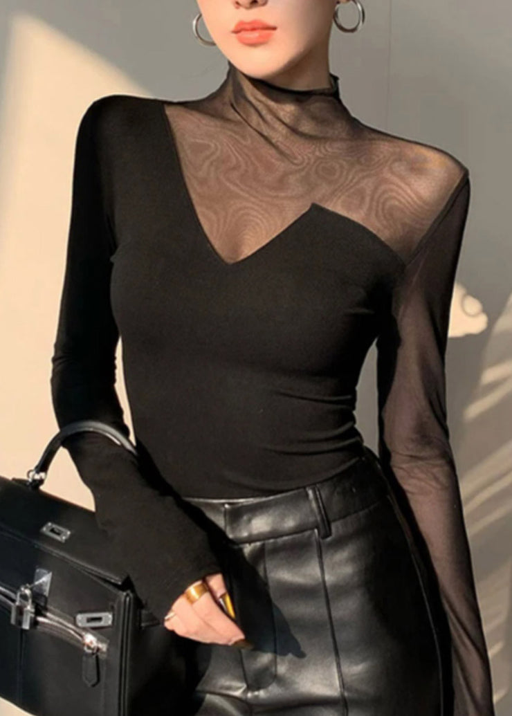 Club Black Turtleneck Patchwork Hollow Out Tulle Top Spring