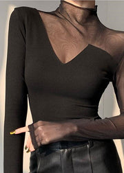 Club Black Turtleneck Patchwork Hollow Out Tulle Top Spring
