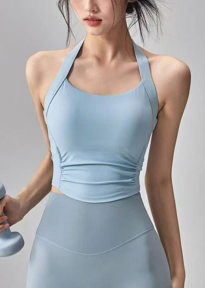 Club Blue Halter Patchwork Backless Yoga Top Sleeveless
