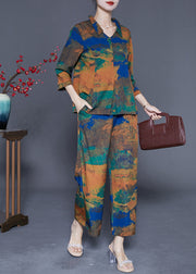 Coffee Blue Silk Two Piece Set V Neck Oversized Bracelet Sleeve