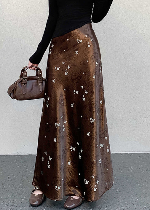 Coffee Butterfly Print Silk Skirt High Waist