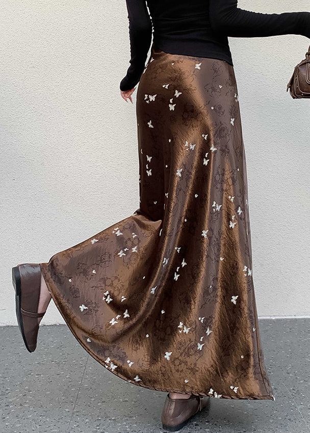 Coffee Butterfly Print Silk Skirt High Waist