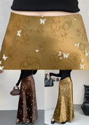 Coffee Butterfly Print Silk Skirt High Waist