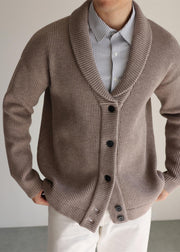 Coffee Button Cozy Knitted Cotton Winter Men Cardigans Peter Pan Collar