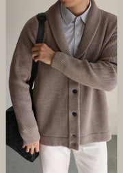 Coffee Button Cozy Knitted Cotton Winter Men Cardigans Peter Pan Collar