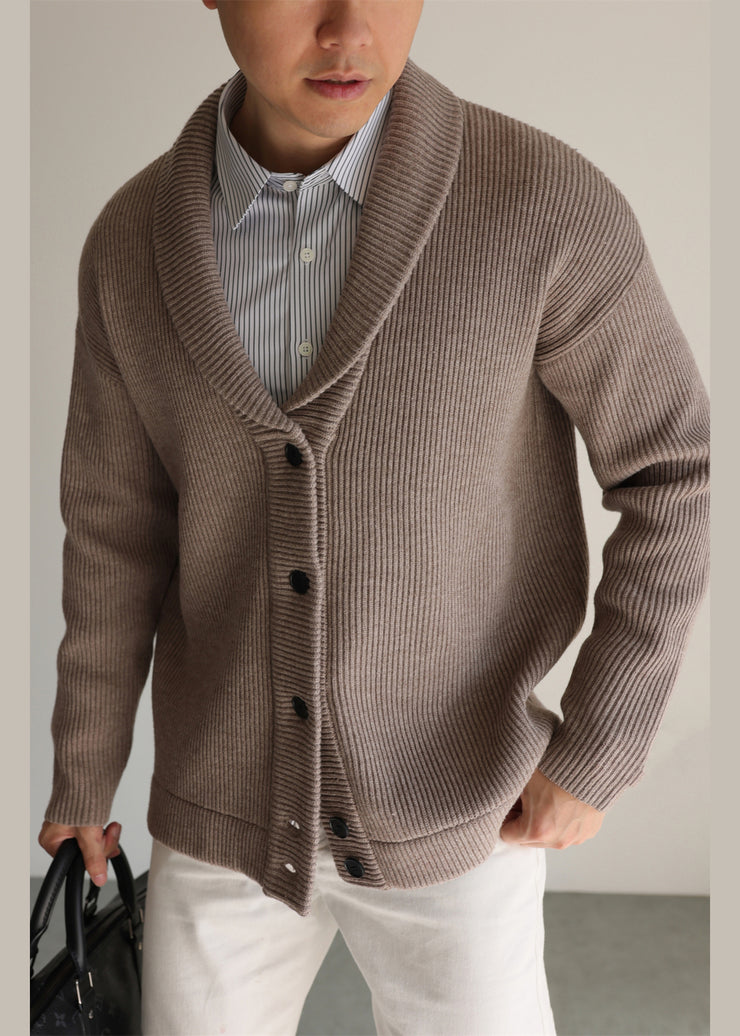 Coffee Button Cozy Knitted Cotton Winter Men Cardigans Peter Pan Collar