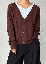 Coffee Button False Two Pieces Patchwork Men Sweater V Neck