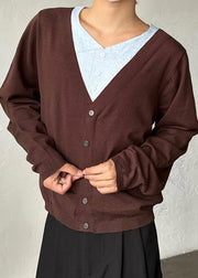 Coffee Button False Two Pieces Patchwork Men Sweater V Neck