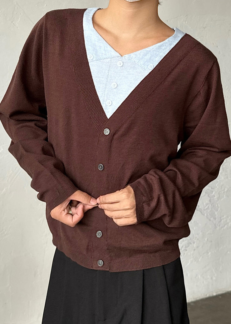 Coffee Button False Two Pieces Patchwork Men Sweater V Neck