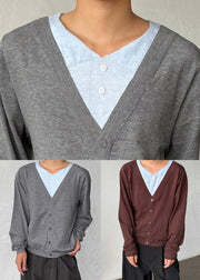 Coffee Button False Two Pieces Patchwork Men Sweater V Neck